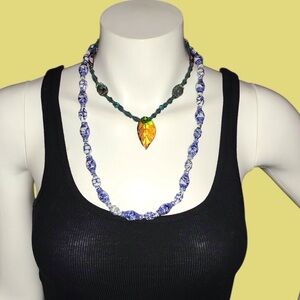 Elegant Blue and Green Beaded Necklace with Leaf Pendant